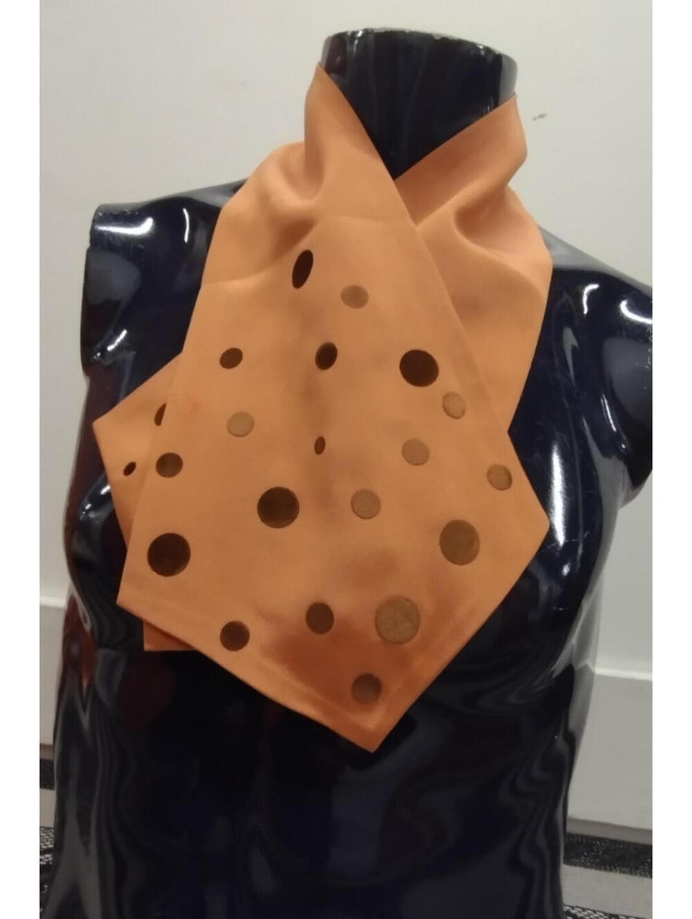 20s 30s ART DECO Ascot Scarf Tie Pumpkin Bronze Rayon Velvet Silky Polka Dots